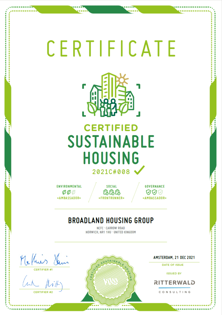 Broadland Housing Association's Sustainable Housing label certificate