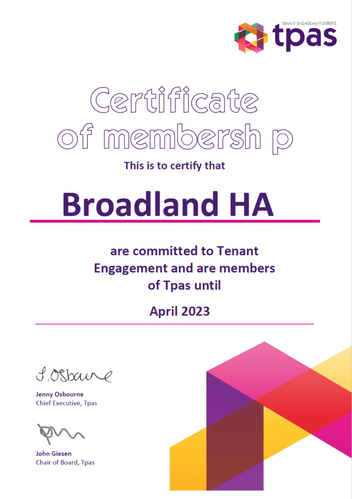 TPAS membership certificate, Broadland Housing Association, 2022-23