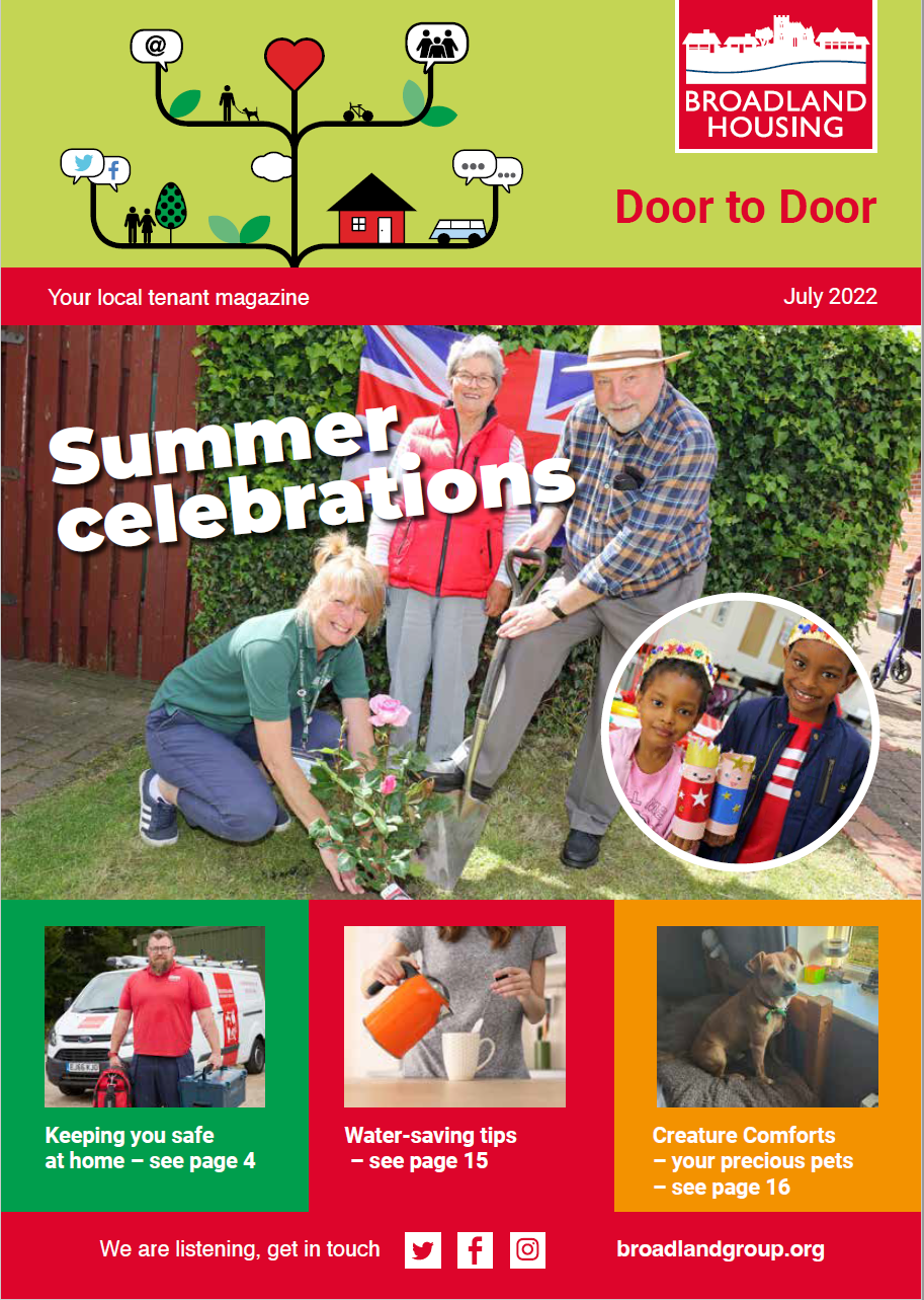 Front cover of July issue of Door to Door, Broadland Housing Association tenant magazine