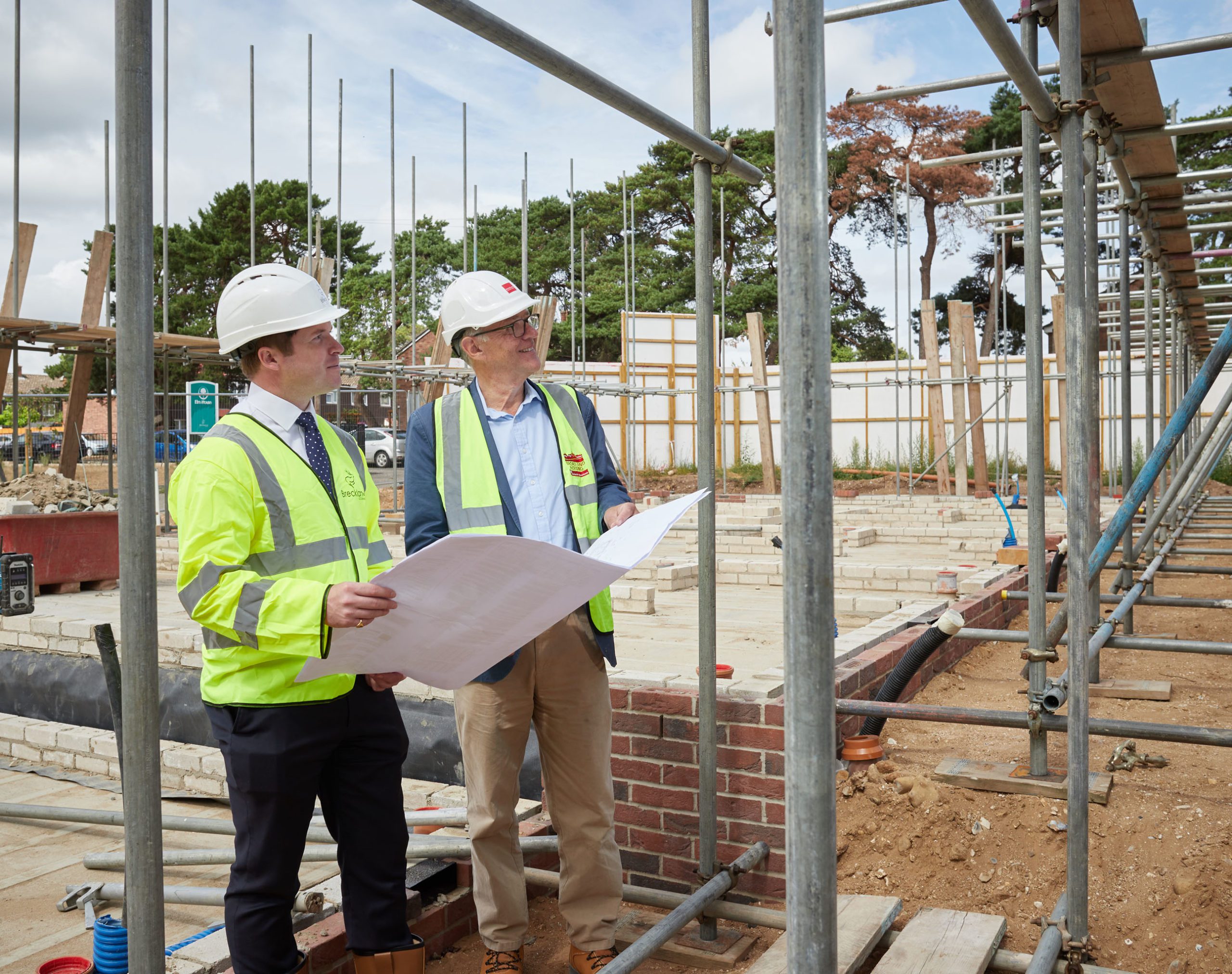 Michael Newey (right) Executive of Broadland Housing Association with Councillor from Breckland Council at start of work on site at Elm Road, Thetford, on 5 homes for former rough sleepters