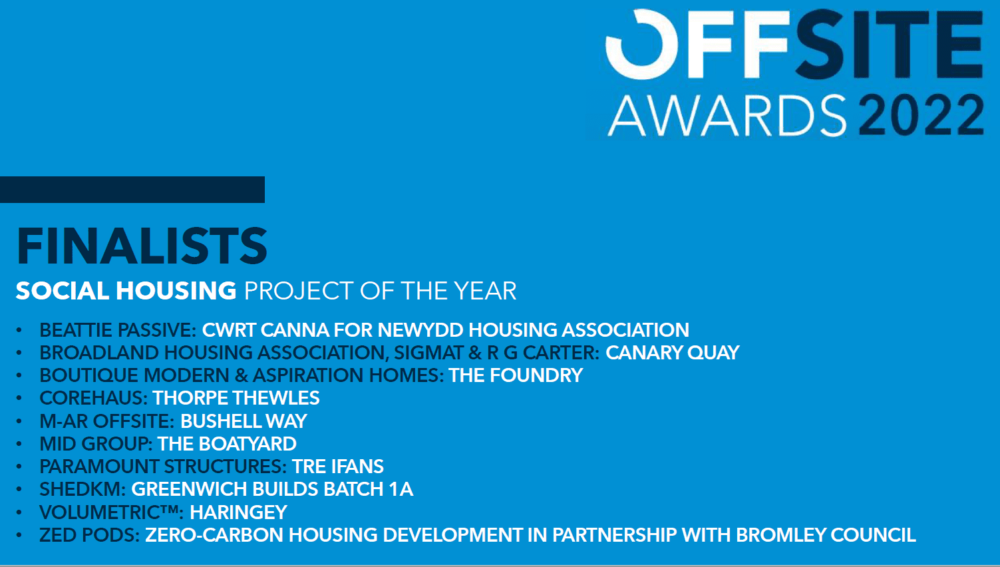 Offsite Awards - Broadland Housing Association finalist in Social Housing Project of the Year for Canary Quay