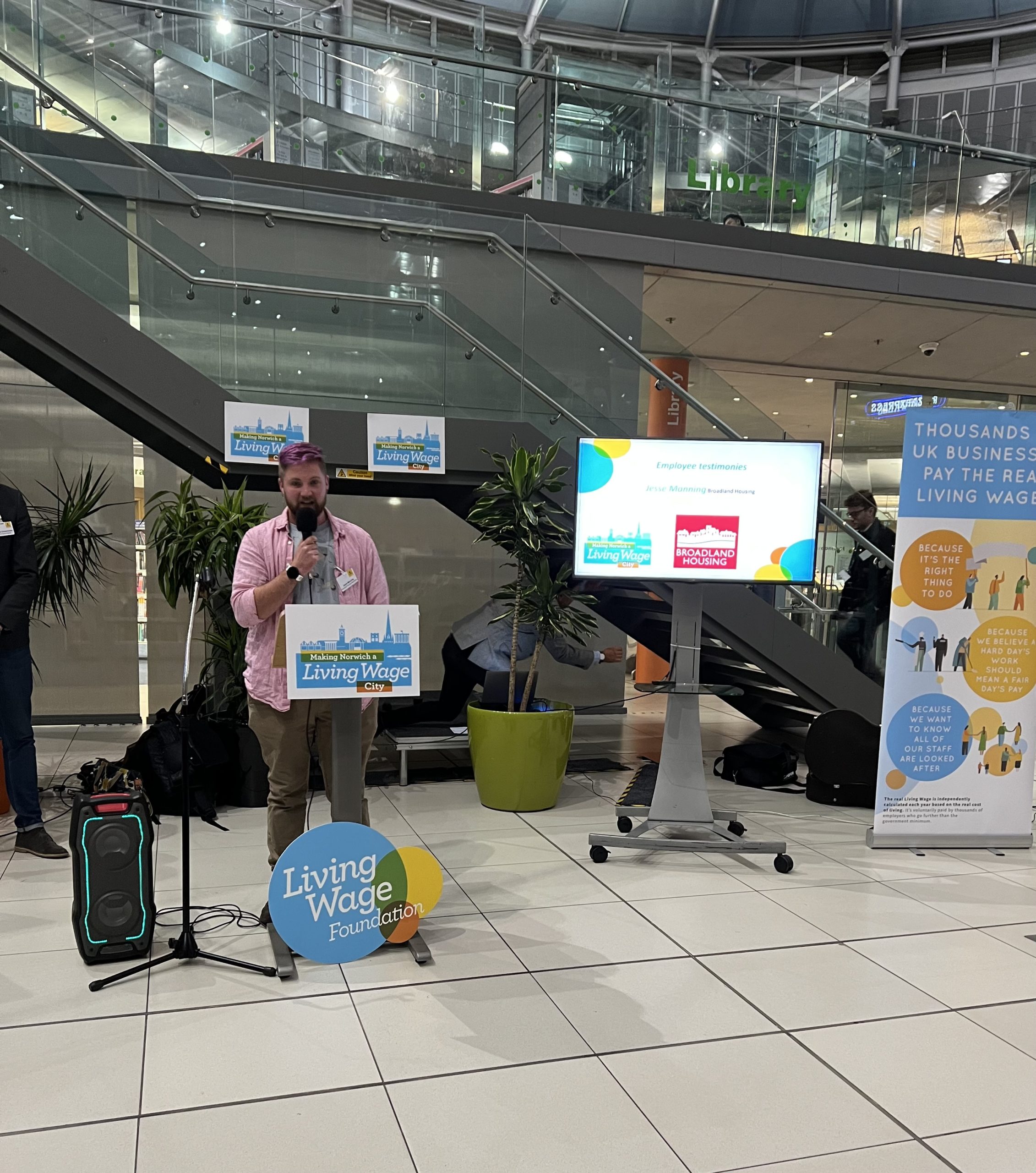 Jesse Manning, Cleaning Coordinator, Broadland Housing Association, talking at the launch of Making Norwich a Living Wage City