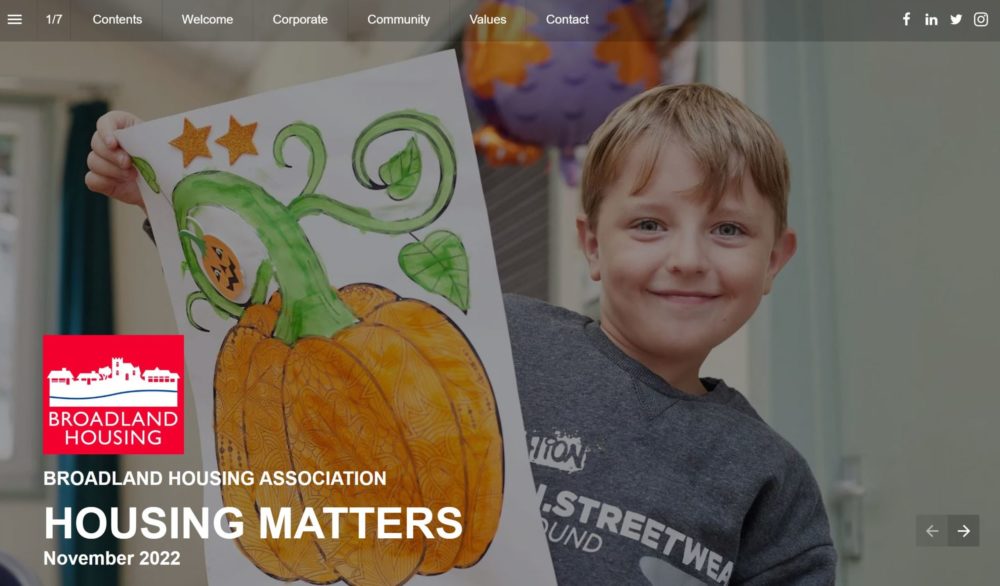 Front cover of Housing Matters, Broadland Housing's e-magazine for stakeholders, November 2022, featuring a smiling boy holding up his drawing of a pumpkin (taken at a tenants' community event)