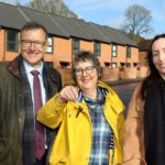 Michael Newey, Gail Harris and Siobhan Trice at the handover of 7 new homes for former rough sleepers Ketts Hill at Norwich, February 2023